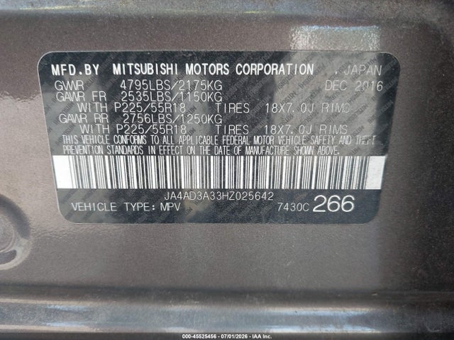 Aukcja sprzedaży 2017 Mitsubishi Outlander Se, vin: JA4AD3A33HZ025642, numer aukcji: 45525456