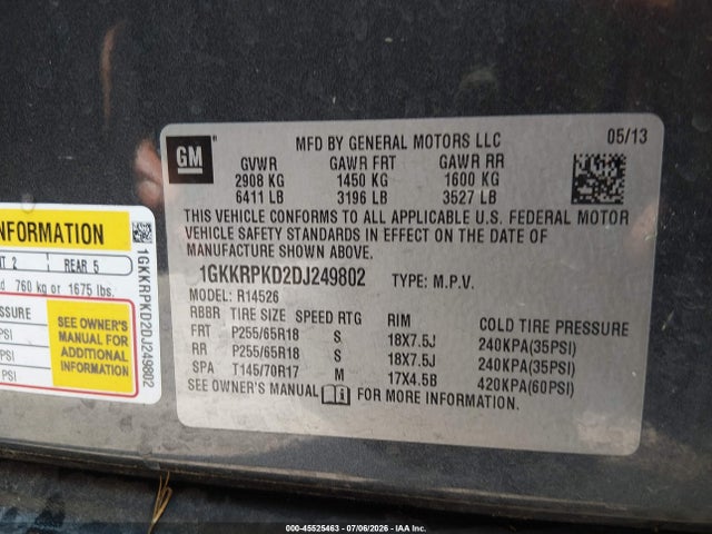 45525463 :رقم المزاد ، 1GKKRPKD2DJ249802 vin ، 2013 Gmc Acadia Sle-2 مزاد بيع