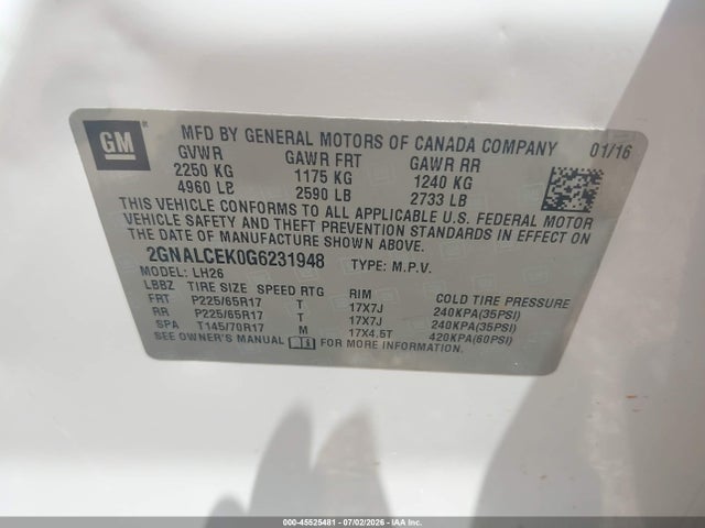 Продажа на аукционе авто 2016 Chevrolet Equinox Lt, vin: 2GNALCEK0G6231948, номер лота: 45525481