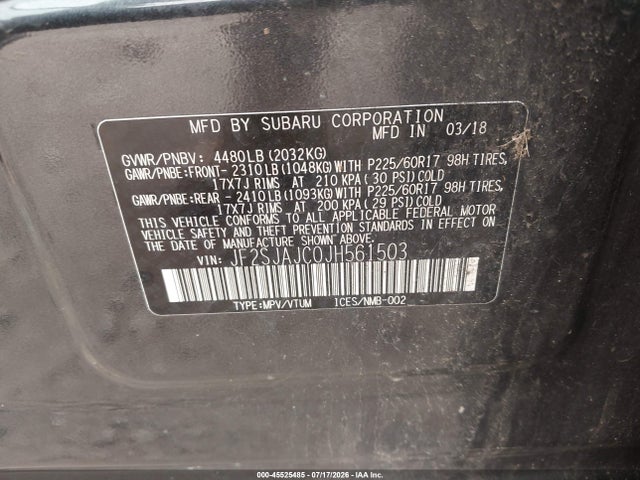 2018 Subaru Forester 2.5i Limited მანქანა იყიდება აუქციონზე, vin: JF2SJAJC0JH561503, აუქციონის ნომერი: 45525485