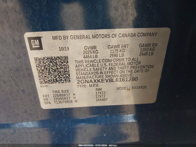 Продаж на аукціоні авто 2020 Chevrolet Equinox Fwd Lt 1.5l Turbo, vin: 2GNAXKEV8L6161280, номер лоту: 45525500
