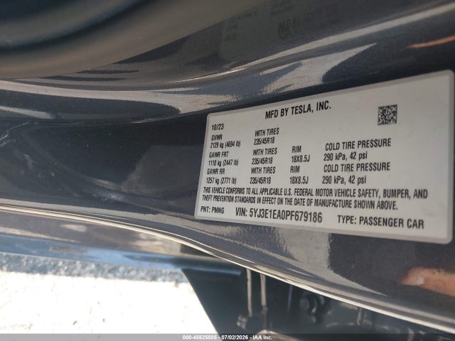 Продажа на аукционе авто 2023 Tesla Model 3 Rear-wheel Drive, vin: 5YJ3E1EA0PF679186, номер лота: 45525505