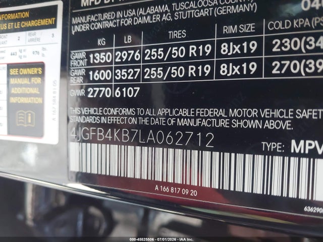 Aukcja sprzedaży 2020 Mercedes-benz Gle 350 4matic, vin: 4JGFB4KB7LA062712, numer aukcji: 45525506