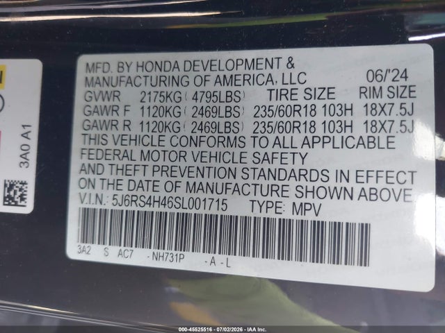 5J6RS4H46SL001715 Honda Cr-v Ex Awd