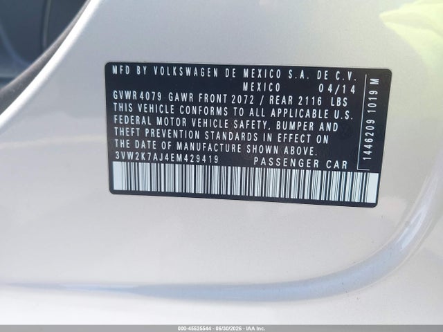 Продаж на аукціоні авто 2014 Volkswagen Jetta 2.0l S, vin: 3VW2K7AJ4EM429419, номер лоту: 45525544