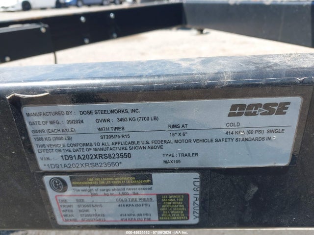 Продаж на аукціоні авто 2024 Trailer 20' Dose Steelworks Utility, vin: 1D91A202XRS823550, номер лоту: 45525552