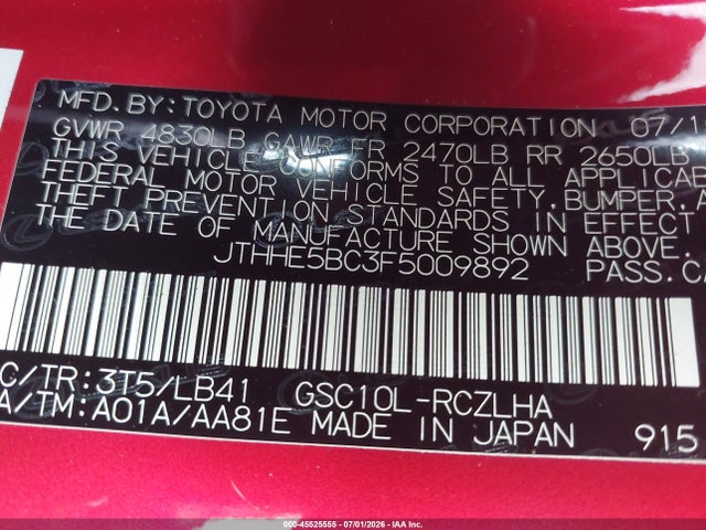 45525555 :رقم المزاد ، JTHHE5BC3F5009892 vin ، 2015 Lexus Rc 350 مزاد بيع