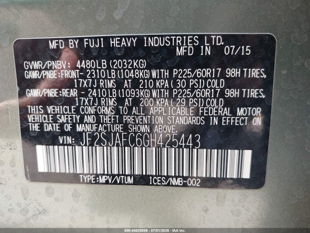 45525589 :رقم المزاد ، JF2SJAFC6GH425443 vin ، 2016 Subaru Forester 2.5i Premium مزاد بيع