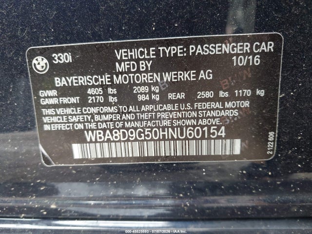 2017 Bmw 330i Xdrive მანქანა იყიდება აუქციონზე, vin: WBA8D9G50HNU60154, აუქციონის ნომერი: 45525593