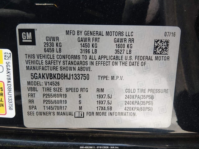 Aukcja sprzedaży 2017 Buick Enclave Leather, vin: 5GAKVBKD8HJ133750, numer aukcji: 45525611