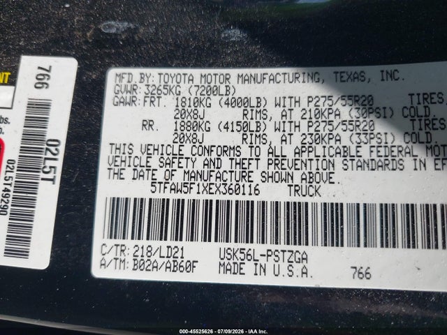2014 Toyota Tundra 1794 5.7l V8 მანქანა იყიდება აუქციონზე, vin: 5TFAW5F1XEX360116, აუქციონის ნომერი: 45525626