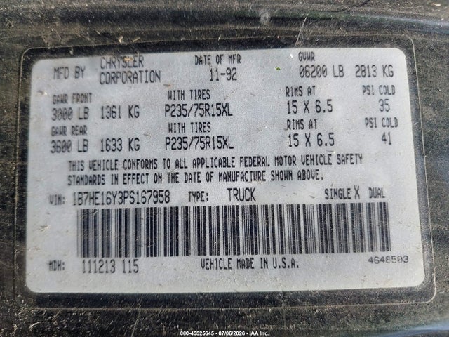 45525645 :رقم المزاد ، 1B7HE16Y3PS167958 vin ، 1993 Dodge D-series D150 مزاد بيع