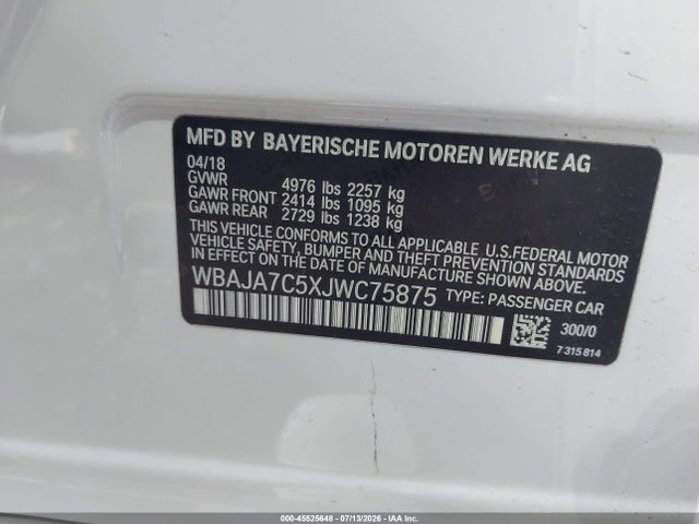 2018 Bmw 530i Xdrive მანქანა იყიდება აუქციონზე, vin: WBAJA7C5XJWC75875, აუქციონის ნომერი: 45525648
