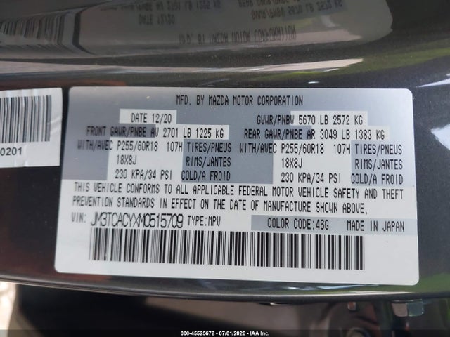 Aukcja sprzedaży 2021 Mazda Cx-9 Touring, vin: JM3TCACYXM0515709, numer aukcji: 45525672