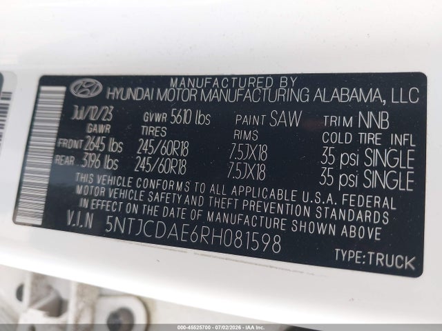 Aukcja sprzedaży 2024 Hyundai Santa Cruz Sel, vin: 5NTJCDAE6RH081598, numer aukcji: 45525700