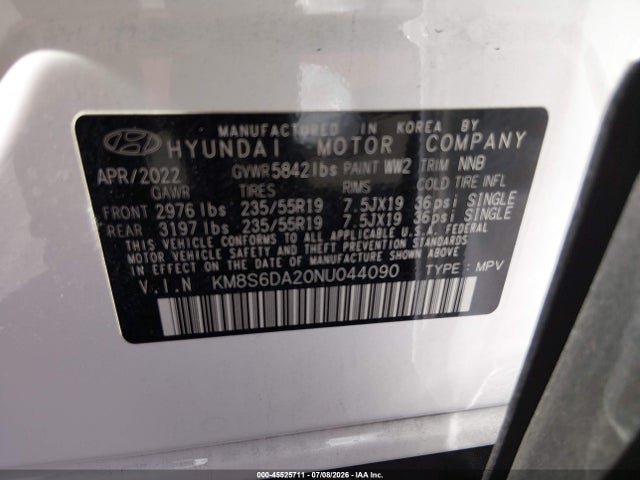45525711 :رقم المزاد ، KM8S6DA20NU044090 vin ، 2022 Hyundai Santa Fe Plug-in Hybrid Sel Convenience مزاد بيع