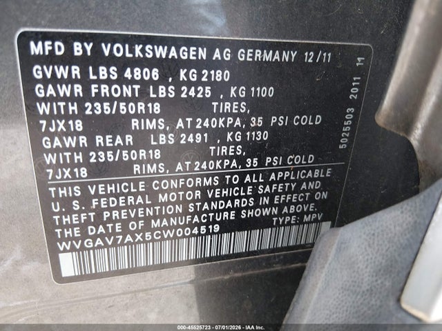 2012 Volkswagen Tiguan Se მანქანა იყიდება აუქციონზე, vin: WVGAV7AX5CW004519, აუქციონის ნომერი: 45525723