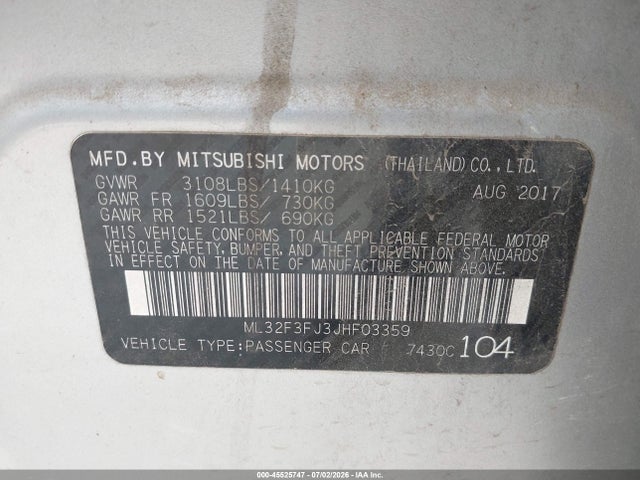 Aukcja sprzedaży 2018 Mitsubishi Mirage G4 Es, vin: ML32F3FJ3JHF03359, numer aukcji: 45525747
