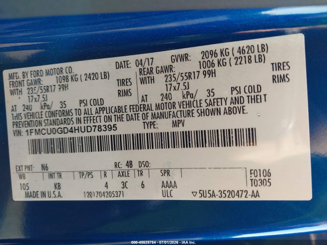 2017 Ford Escape Se მანქანა იყიდება აუქციონზე, vin: 1FMCU0GD4HUD78395, აუქციონის ნომერი: 45525784