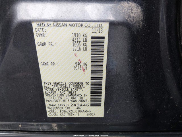Продажа на аукционе авто 2014 Nissan Altima 2.5 Sl, vin: 1N4AL3APXEN249446, номер лота: 45525821