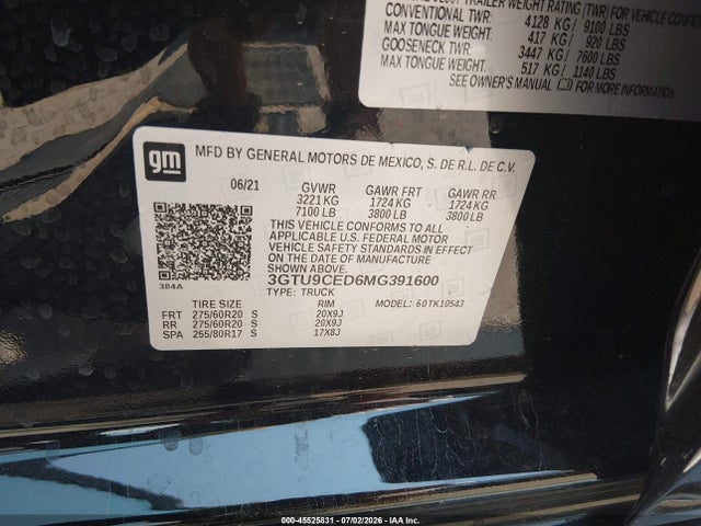 Продаж на аукціоні авто 2021 Gmc Sierra 1500 4wd  Short Box Elevation, vin: 3GTU9CED6MG391600, номер лоту: 45525831
