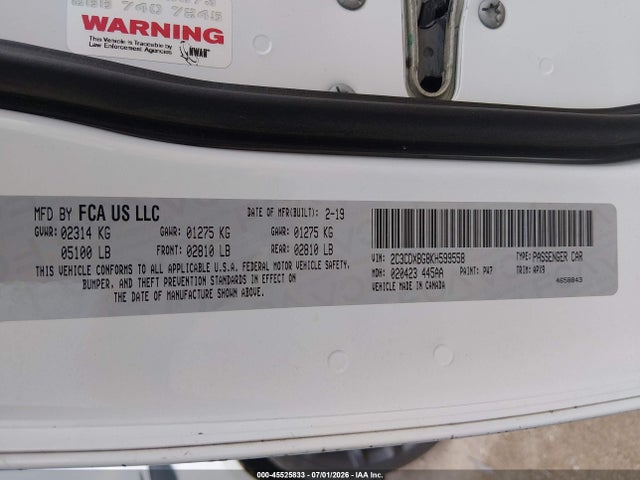 Продаж на аукціоні авто 2019 Dodge Charger Sxt Rwd, vin: 2C3CDXBG8KH599558, номер лоту: 45525833