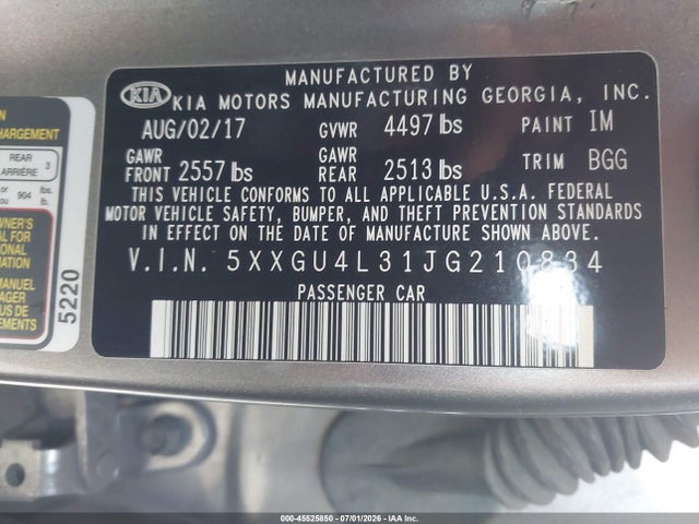 Продажа на аукционе авто 2018 Kia Optima Ex, vin: 5XXGU4L31JG210834, номер лота: 45525850