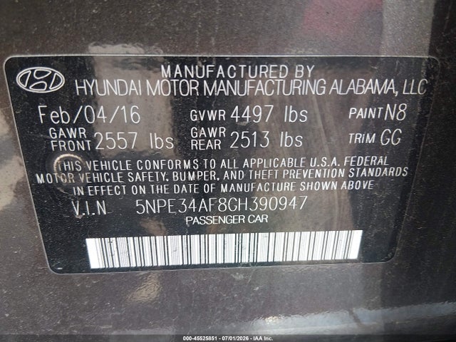 Aukcja sprzedaży 2016 Hyundai Sonata Sport, vin: 5NPE34AF8GH390947, numer aukcji: 45525851
