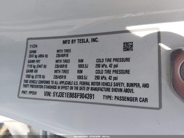 Продаж на аукціоні авто 2025 Tesla Model 3 Long Range All-wheel Drive, vin: 5YJ3E1EB8SF904391, номер лоту: 45525854
