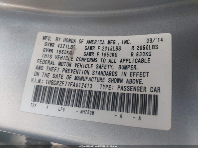 2015 Honda Accord Ex მანქანა იყიდება აუქციონზე, vin: 1HGCR2F77FA012413, აუქციონის ნომერი: 45525861