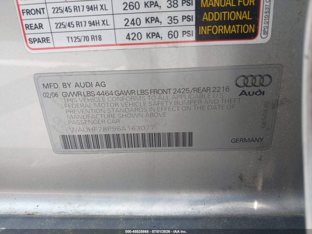 2006 Audi A3 2.0t მანქანა იყიდება აუქციონზე, vin: WAUHF78P96A163077, აუქციონის ნომერი: 45525868