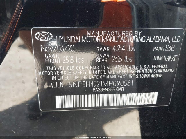 45525869 :رقم المزاد ، 5NPEH4J21MH090581 vin ، 2021 Hyundai Sonata Limited مزاد بيع