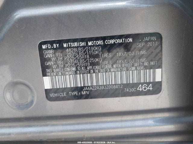 Продаж на аукціоні авто 2018 Mitsubishi Outlander Es, vin: JA4AZ2A39JZ008412, номер лоту: 45525888