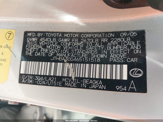 2006 Lexus Es 330 მანქანა იყიდება აუქციონზე, vin: JTHBA30G465151518, აუქციონის ნომერი: 45525905