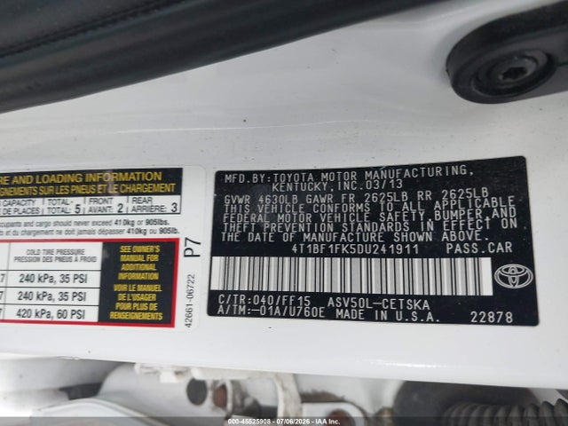 45525908 :رقم المزاد ، 4T1BF1FK5DU241911 vin ، 2013 Toyota Camry Se مزاد بيع