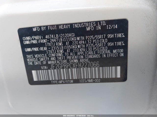 Aukcja sprzedaży 2015 Subaru Xv Crosstrek Hybrid Touring, vin: JF2GPBPCXFH227066, numer aukcji: 45525932