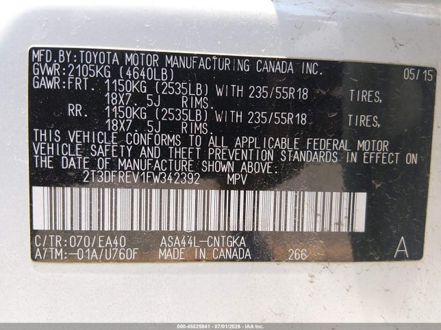 Toyota Rav4 Limited 2015 2T3DFREV1FW342392 Image 9