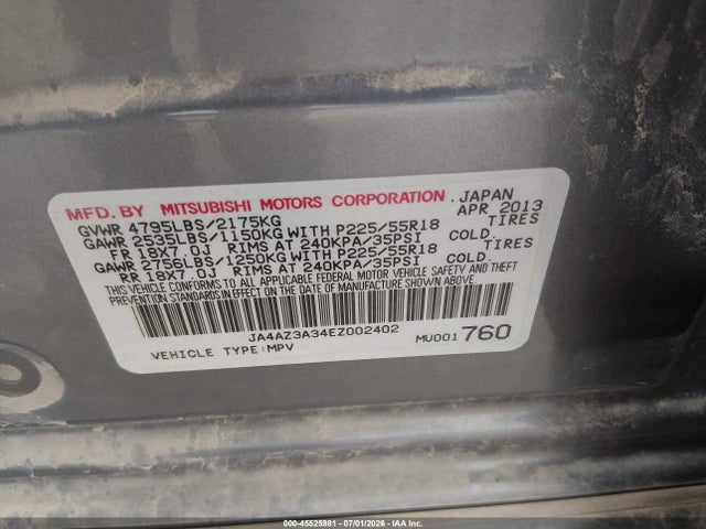 2014 Mitsubishi Outlander Se მანქანა იყიდება აუქციონზე, vin: JA4AZ3A34EZ002402, აუქციონის ნომერი: 45525981