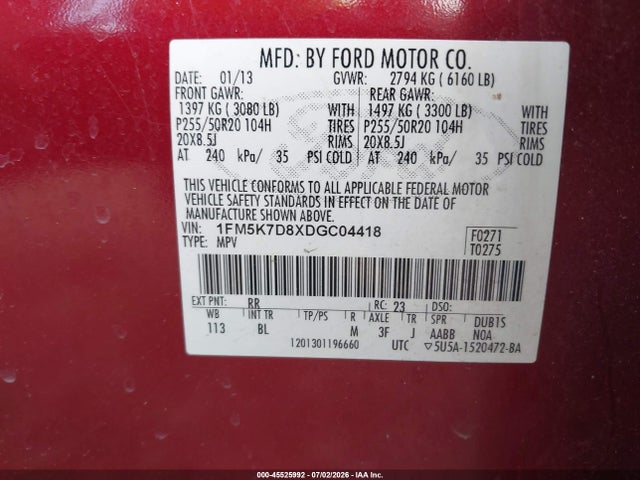 Продажа на аукционе авто 2013 Ford Explorer Xlt, vin: 1FM5K7D8XDGC04418, номер лота: 45525992