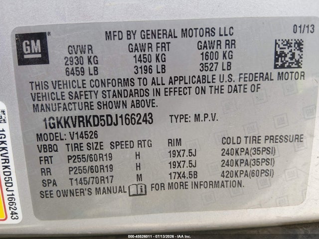 45526011 :رقم المزاد ، 1GKKVRKD5DJ166243 vin ، 2013 Gmc Acadia Slt-1 مزاد بيع