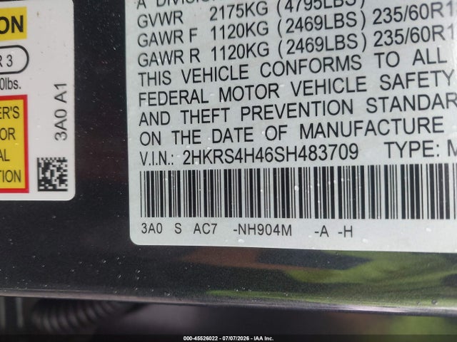 45526022 :رقم المزاد ، 2HKRS4H46SH483709 vin ، 2025 Honda Cr-v Ex Awd مزاد بيع
