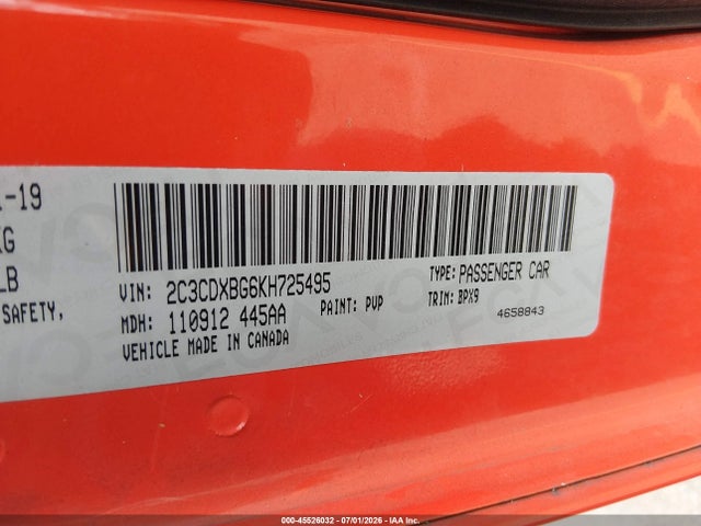 2019 Dodge Charger Sxt Rwd მანქანა იყიდება აუქციონზე, vin: 2C3CDXBG6KH725495, აუქციონის ნომერი: 45526032