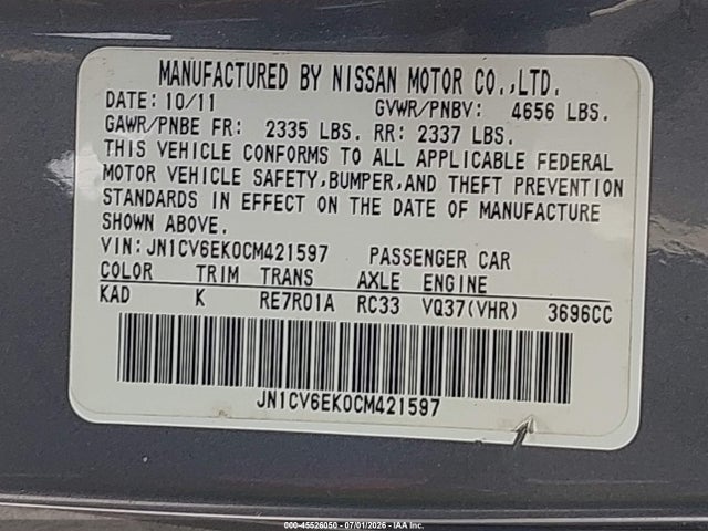 45526050 :رقم المزاد ، JN1CV6EK0CM421597 vin ، 2012 Infiniti G37 Journey مزاد بيع