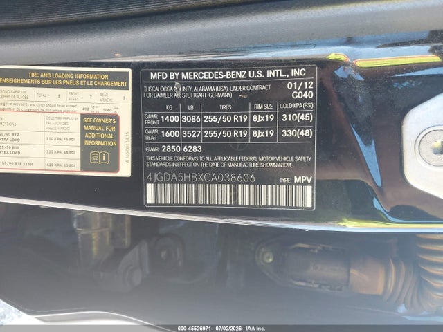 Продажа на аукционе авто 2012 Mercedes-benz Ml 350 4matic, vin: 4JGDA5HBXCA038606, номер лота: 45526071