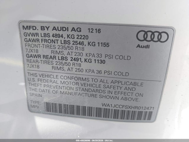 Продаж на аукціоні авто 2017 Audi Q3 2.0t Premium, vin: WA1JCCFSXHR012471, номер лоту: 45526096