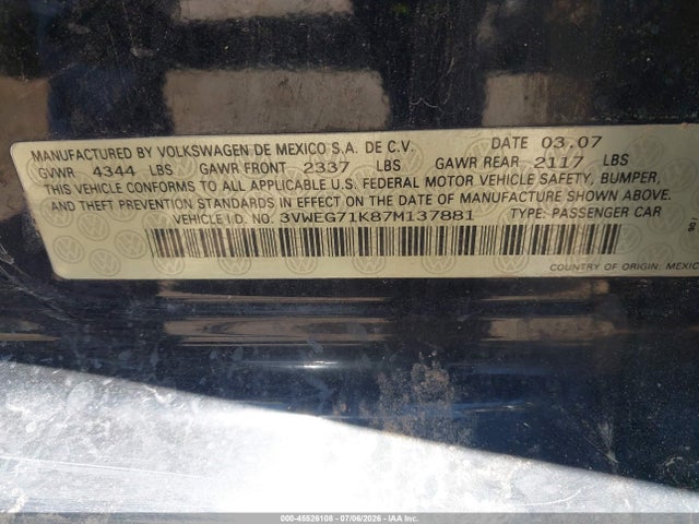 45526108 :رقم المزاد ، 3VWEG71K87M137881 vin ، 2007 Volkswagen Jetta Wolfsburg Edition مزاد بيع