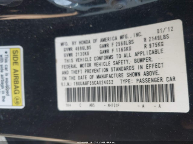 45526111 :رقم المزاد ، 19UUA8F55CA024052 vin ، 2012 Acura Tl 3.5 مزاد بيع