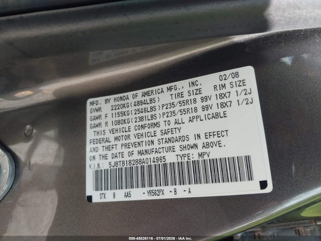Продажа на аукционе авто 2008 Acura Rdx, vin: 5J8TB18288A014965, номер лота: 45526116