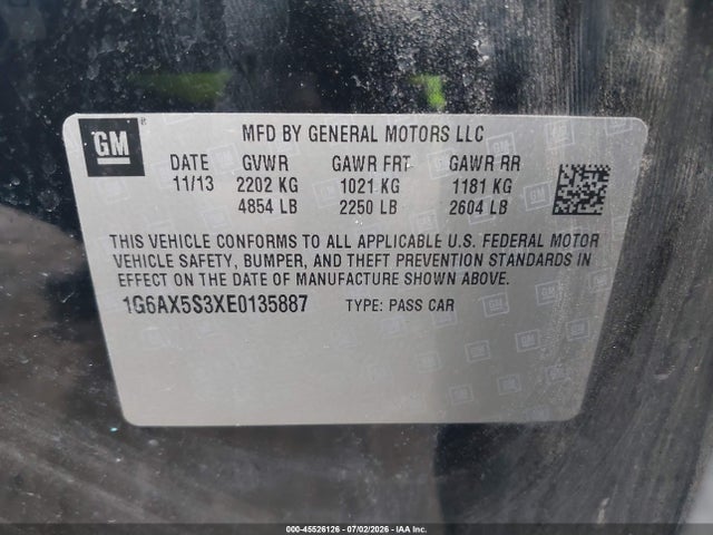 2014 Cadillac Cts Luxury მანქანა იყიდება აუქციონზე, vin: 1G6AX5S3XE0135887, აუქციონის ნომერი: 45526126