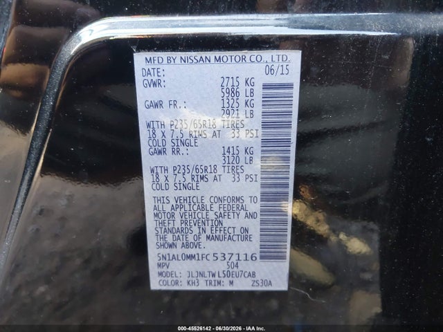 45526142 :رقم المزاد ، 5N1AL0MM1FC537116 vin ، 2015 Infiniti Qx60 مزاد بيع
